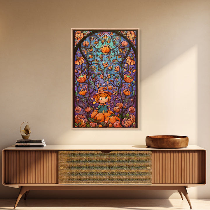 The Pumpkin Flower Garden, Stained Glass Halloween, Vertical Wall Art, Canvas Print, Cute Halloween Wall Art
