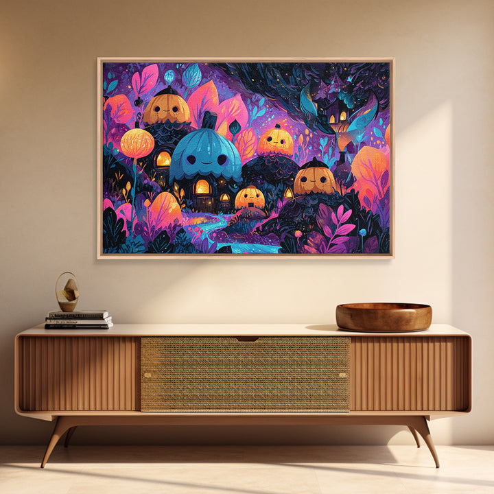 The Moonlit Acorn Village, Vaporwave Halloween Art, Landscape Wall Art, Framed Canvas Print, Cute Halloween Wall Art
