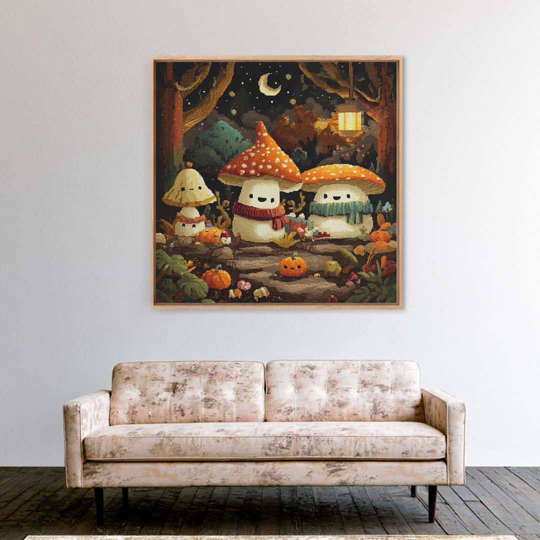 The Friendly Mushroom Forest, Pixel Halloween Art, Square Wall Art, Canvas Print, Cute Halloween Wall Art