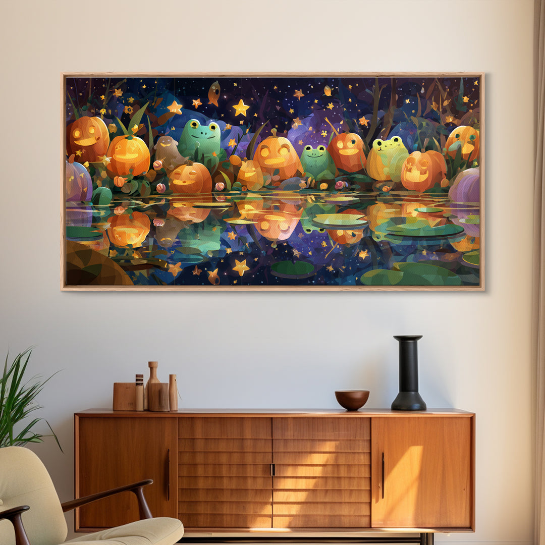The Star-Filled Pumpkin Pond, Vector Halloween Art, Wide Panoramic Art, Framed Canvas Print, Cute Halloween Wall Art