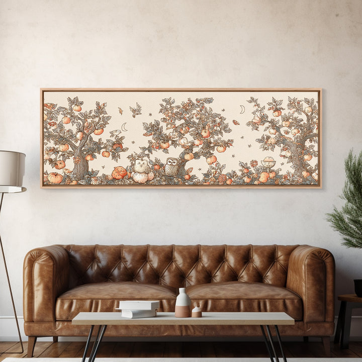 The Sleepy Owl Orchard, Hand Sketch Halloween Art, Extra Wide Wall Art, Canvas Print, Cute Halloween Wall Art
