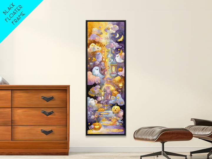 The Rainbow After The Halloween Rain, Watercolor Halloween Art, Tall Narrow Wall Art, Framed Canvas Print, Cute Halloween Wall Art