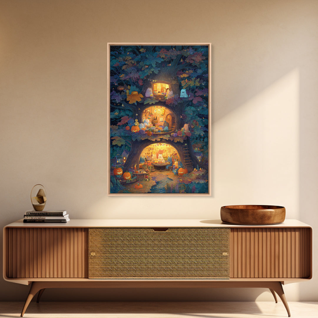 The Cozy Hollow Tree, Gouache Halloween Art, Vertical Wall Art, Canvas Print, Cute Halloween Wall Art