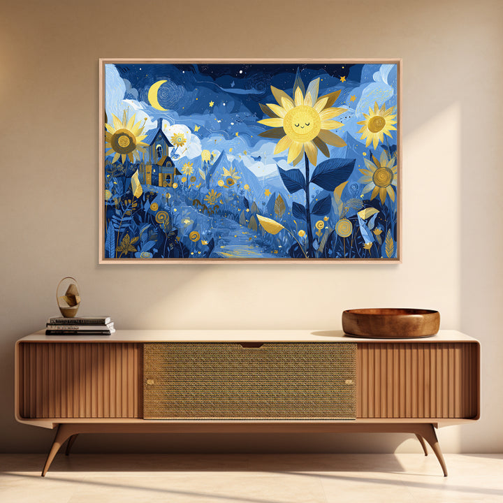 The Singing Sunflowers At Midnight, Crayon Halloween Art, Landscape Wall Art, Framed Canvas Print, Cute Halloween Wall Art