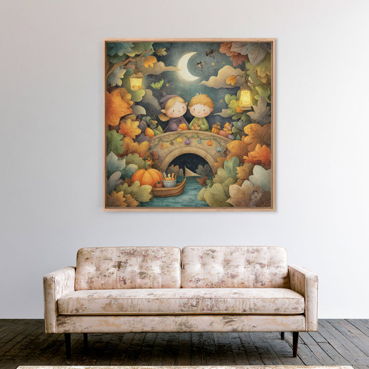 The Autumn Fairy Bridge, Pastel Halloween Art, Square Wall Art, Canvas Print, Cute Halloween Wall Art