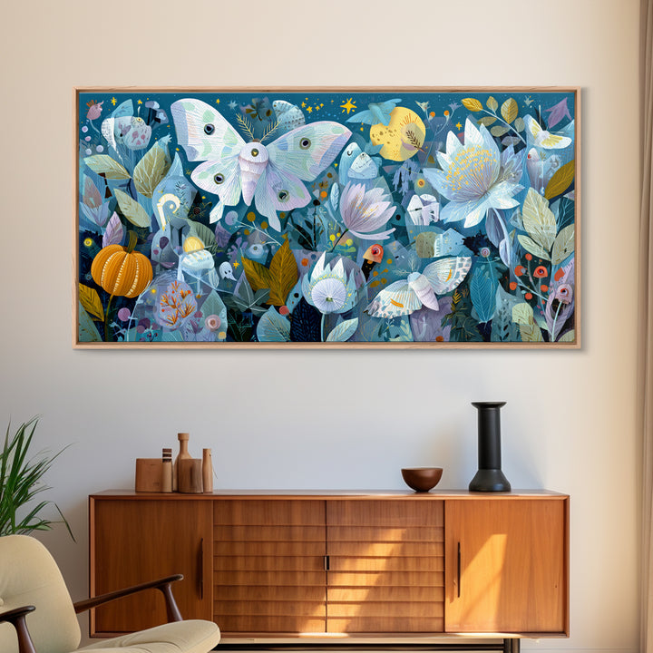 The Moon-Moth Garden, Paper Collage Halloween, Wide Panoramic Art, Framed Canvas Print, Cute Halloween Wall Art