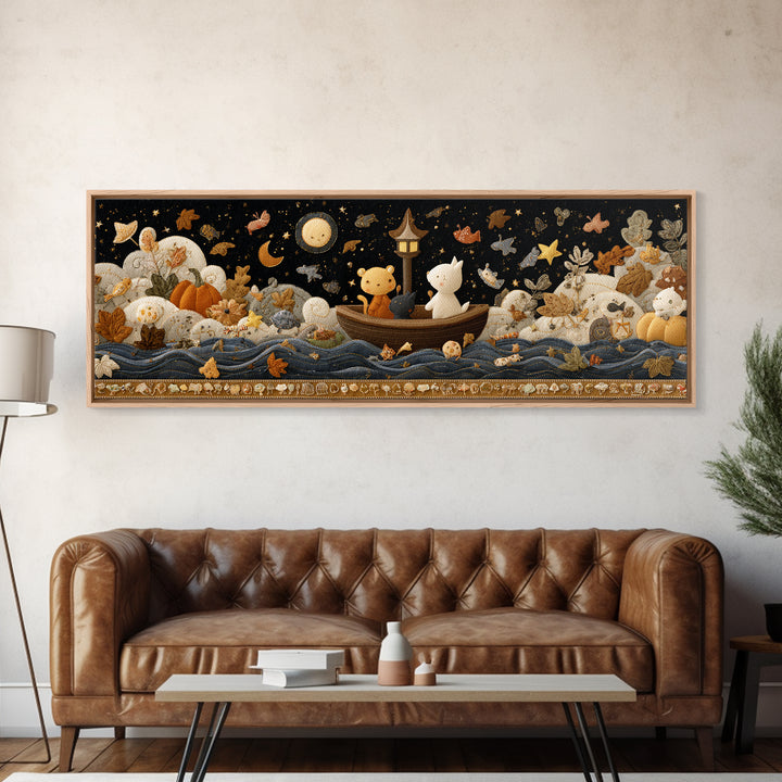 The Golden Leaf River, Felt Halloween Art, Extra Wide Wall Art, Canvas Print, Cute Halloween Wall Art