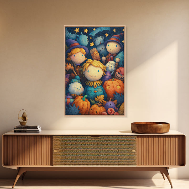 The Starry Cornfield Maze, Plush Halloween Art, Vertical Wall Art, Canvas Print, Cute Halloween Wall Art