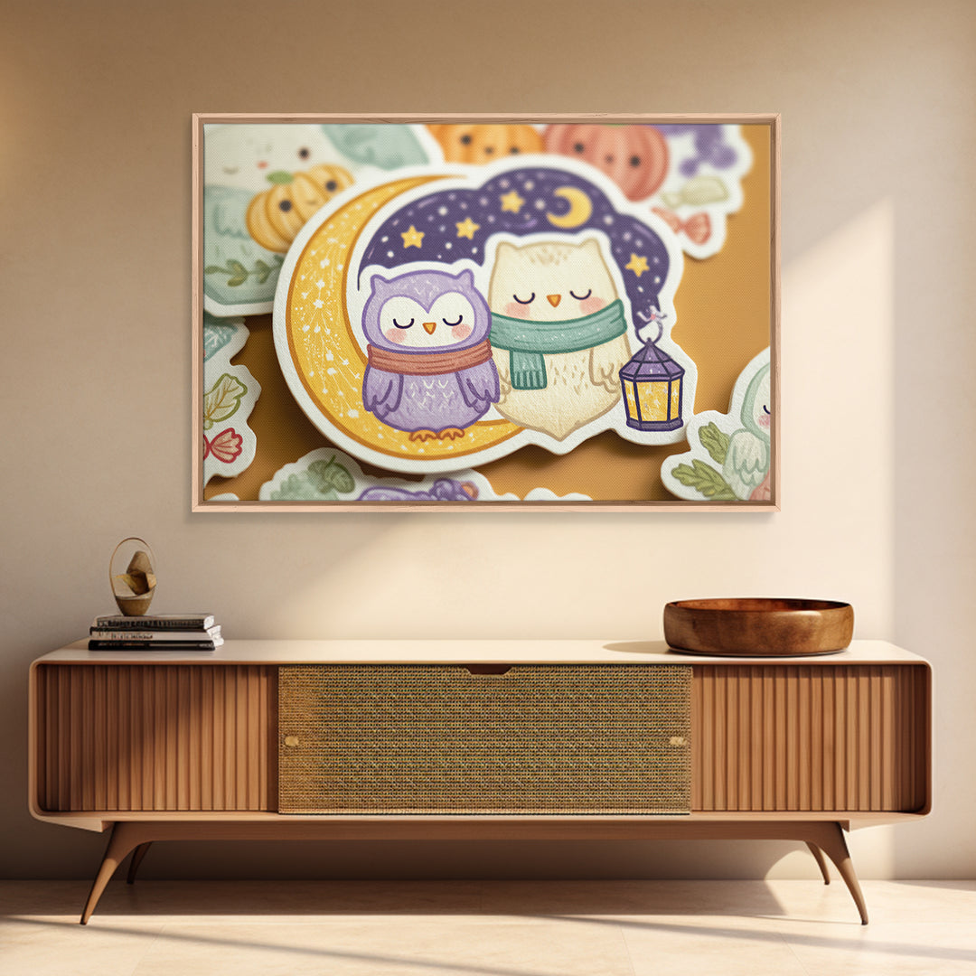 The Owl And The Crescent Moon, Kawaii Halloween Art, Landscape Wall Art, Framed Canvas Print, Cute Halloween Wall Art