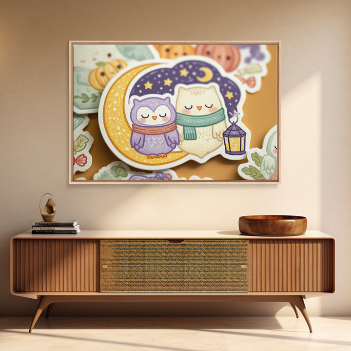 The Owl And The Crescent Moon, Kawaii Halloween Art, Landscape Wall Art, Framed Canvas Print, Cute Halloween Wall Art