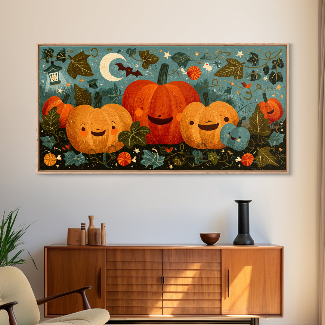 The Singing Pumpkin Patch, Screenprint Halloween Art, Wide Panoramic Art, Framed Canvas Print, Cute Halloween Wall Art