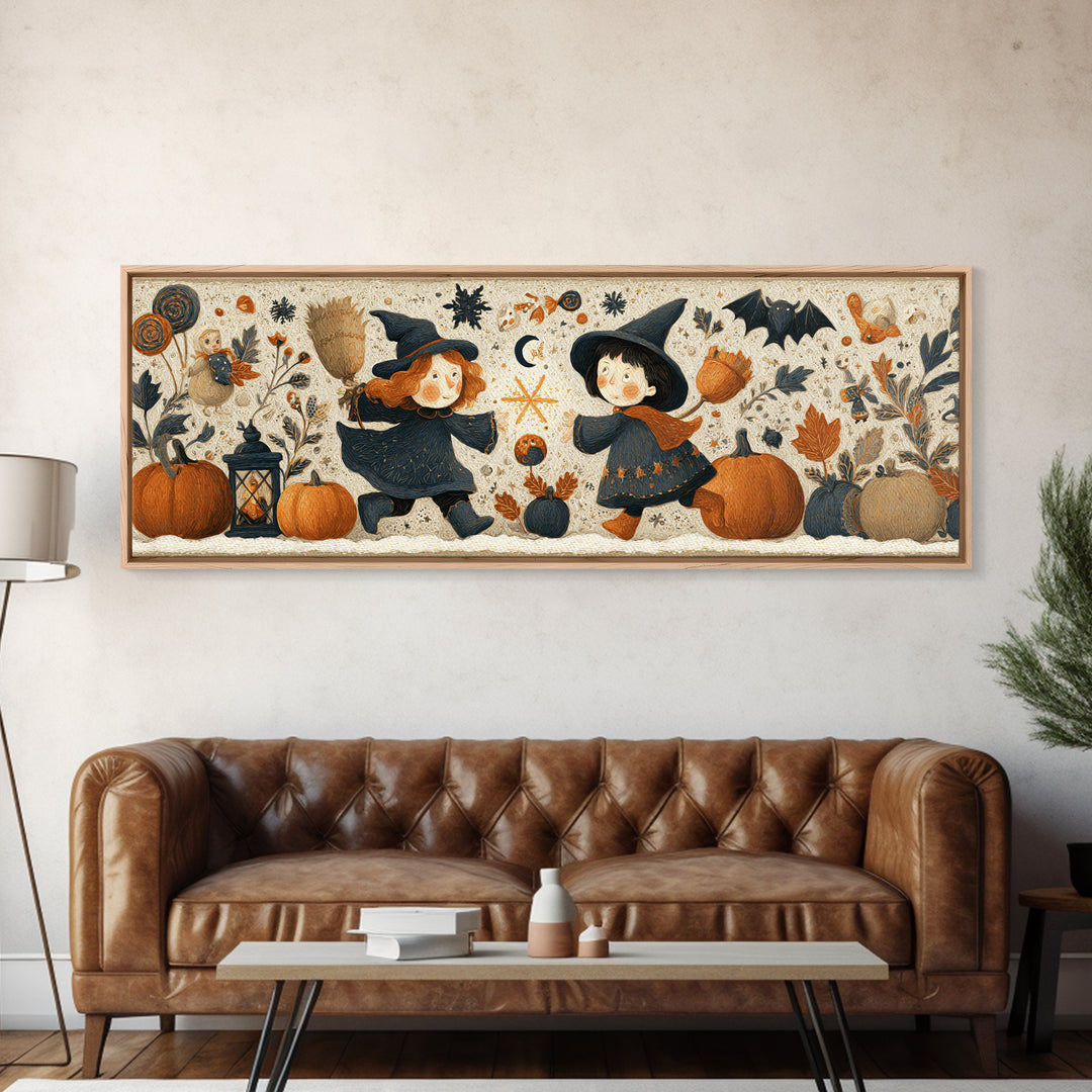 The First Autumn Snowflake, Folk Halloween Art, Extra Wide Wall Art, Canvas Print, Cute Halloween Wall Art