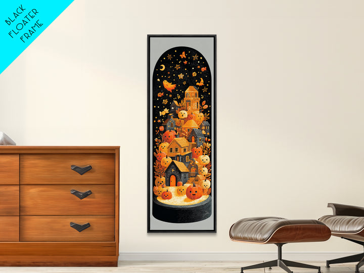 Halloween Inside A Snow Globe, Linocut Halloween Art, Tall Narrow Wall Art, Framed Canvas Print, Cute Halloween Wall Art