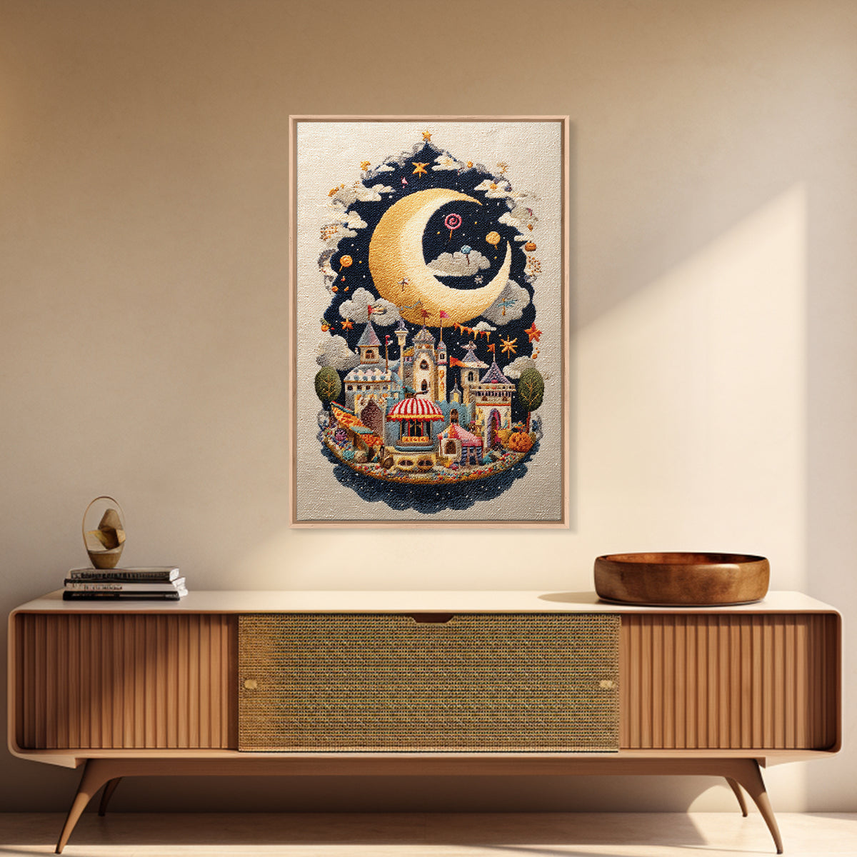 The Tiny Moon Carnival, Embroidered Halloween Art, Vertical Wall Art, Canvas Print, Cute Halloween Wall Art