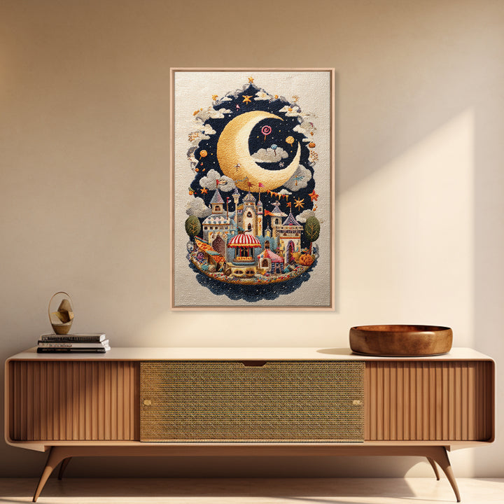 The Tiny Moon Carnival, Embroidered Halloween Art, Vertical Wall Art, Canvas Print, Cute Halloween Wall Art