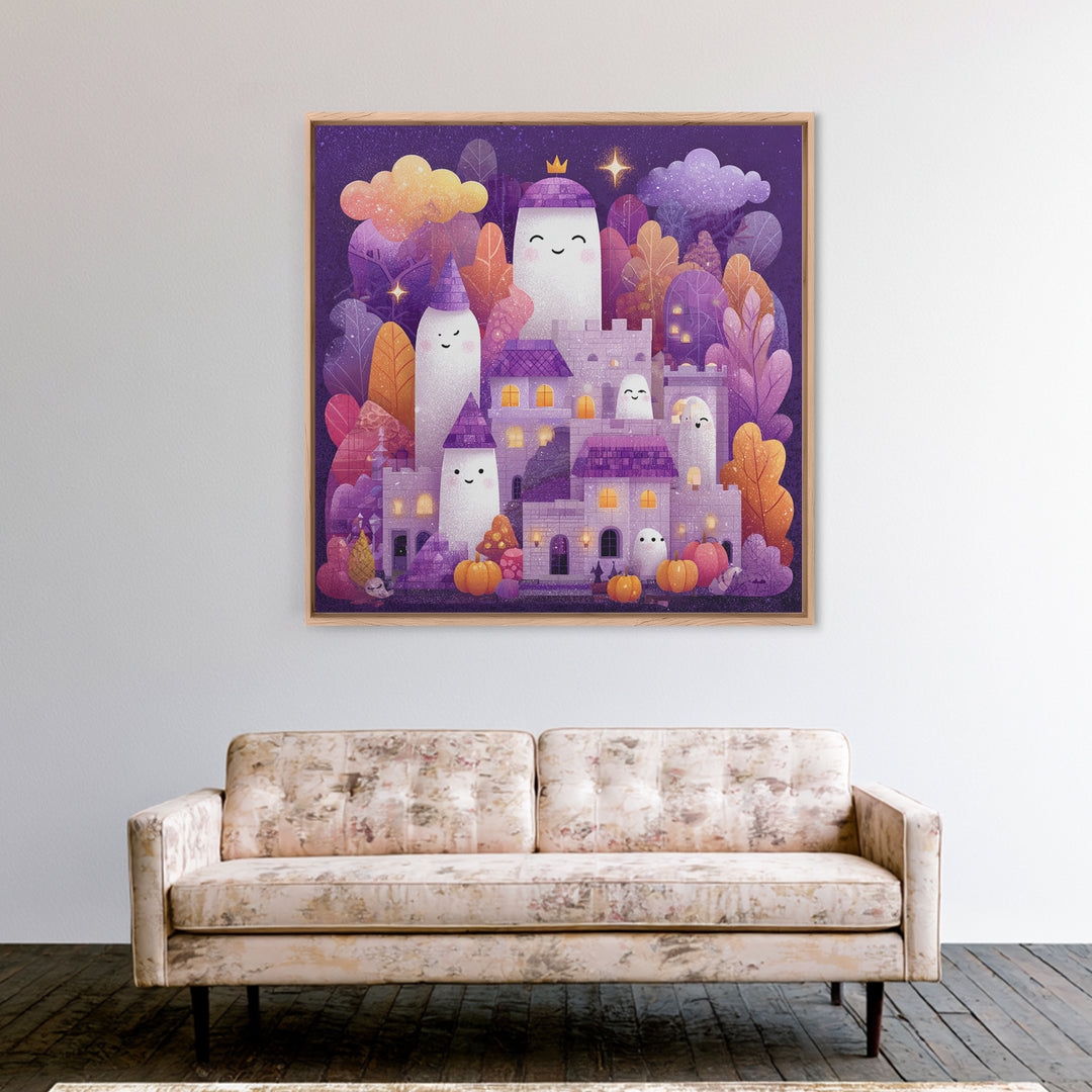 The Halloween Cloud Castle, Stained Glass Halloween, Square Wall Art, Canvas Print, Cute Halloween Wall Art
