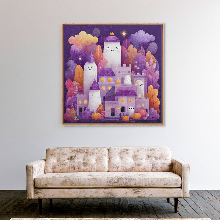 The Halloween Cloud Castle, Stained Glass Halloween, Square Wall Art, Canvas Print, Cute Halloween Wall Art