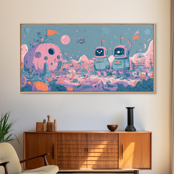 The Pumpkin Moon Expedition, Vaporwave Halloween Art, Wide Panoramic Art, Framed Canvas Print, Cute Halloween Wall Art