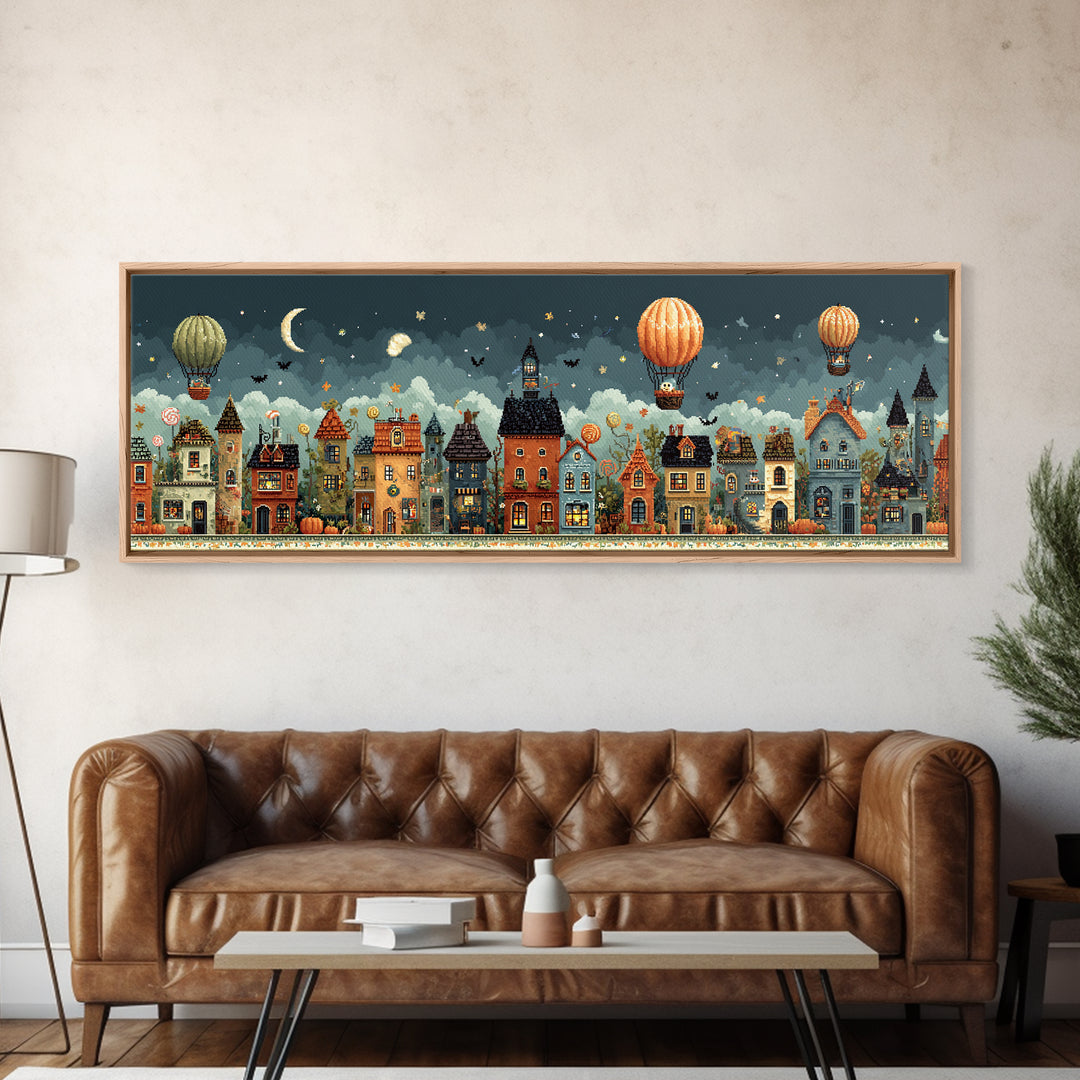 The Ghost Balloon City, Pixel Halloween Art, Extra Wide Wall Art, Canvas Print, Cute Halloween Wall Art