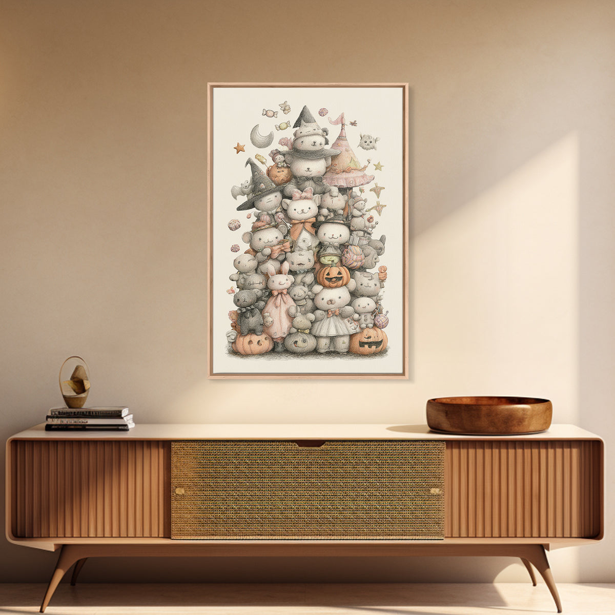 The Halloween Toy Kingdom, Hand Sketch Halloween Art, Vertical Wall Art, Canvas Print, Cute Halloween Wall Art