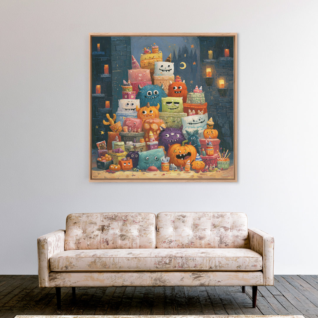 The Great Monster Pajama Party, Gouache Halloween Art, Square Wall Art, Canvas Print, Cute Halloween Wall Art