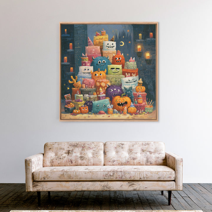 The Great Monster Pajama Party, Gouache Halloween Art, Square Wall Art, Canvas Print, Cute Halloween Wall Art