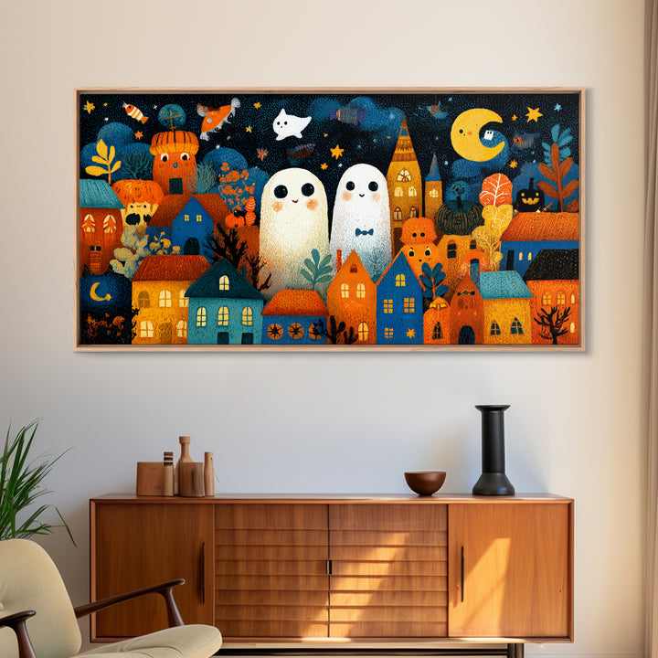 The Rainbow Halloween Night, Crayon Halloween Art, Wide Panoramic Art, Framed Canvas Print, Cute Halloween Wall Art