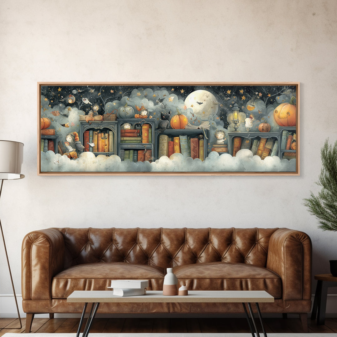 The Enchanted Halloween Library, Pastel Halloween Art, Extra Wide Wall Art, Canvas Print, Cute Halloween Wall Art