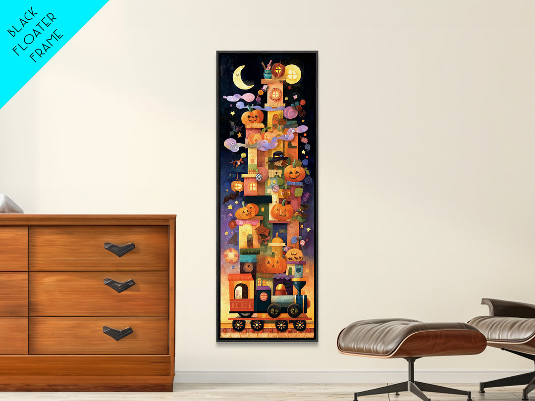 The Trick-Or-Treat Express, Paper Collage Halloween, Tall Narrow Wall Art, Framed Canvas Print, Cute Halloween Wall Art