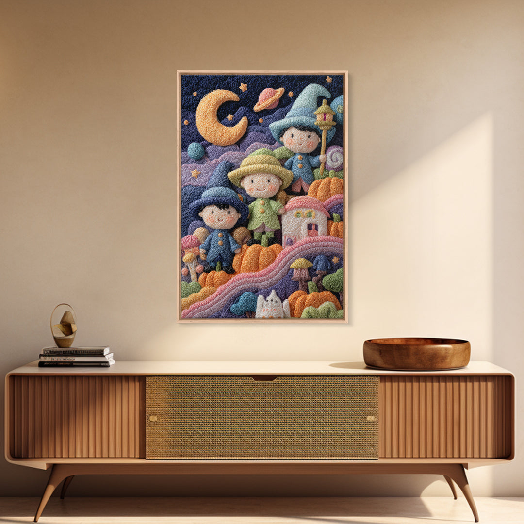 The Parade Across The Stars, Felt Halloween Art, Vertical Wall Art, Canvas Print, Cute Halloween Wall Art