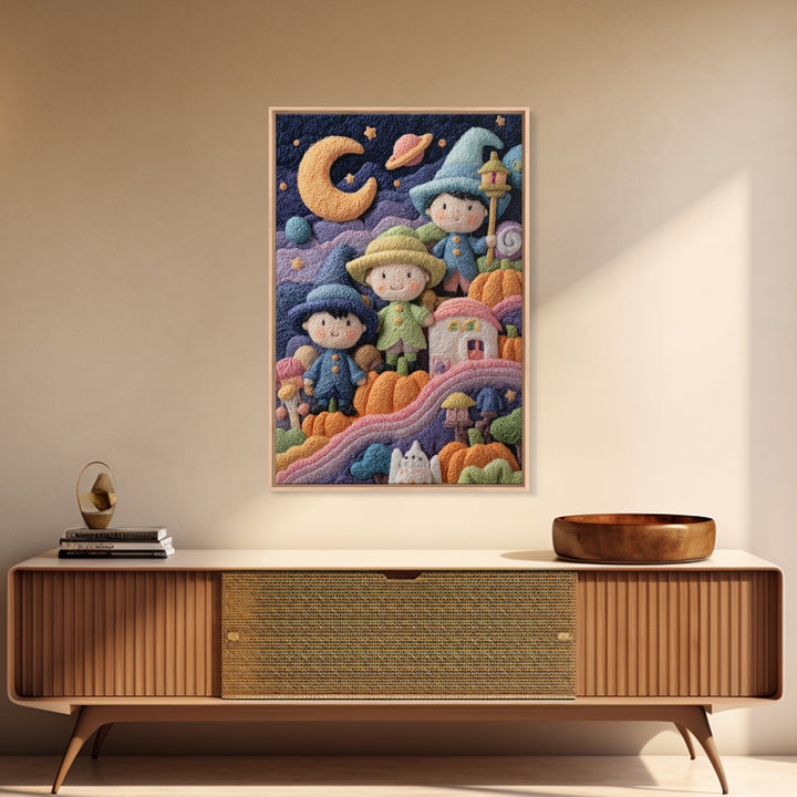 The Parade Across The Stars, Felt Halloween Art, Vertical Wall Art, Canvas Print, Cute Halloween Wall Art