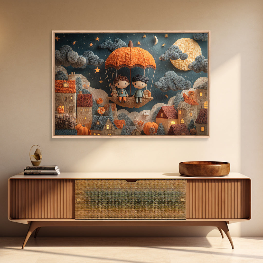 The Enchanted Umbrella Adventure, Clay Halloween Art, Landscape Wall Art, Framed Canvas Print, Cute Halloween Wall Art