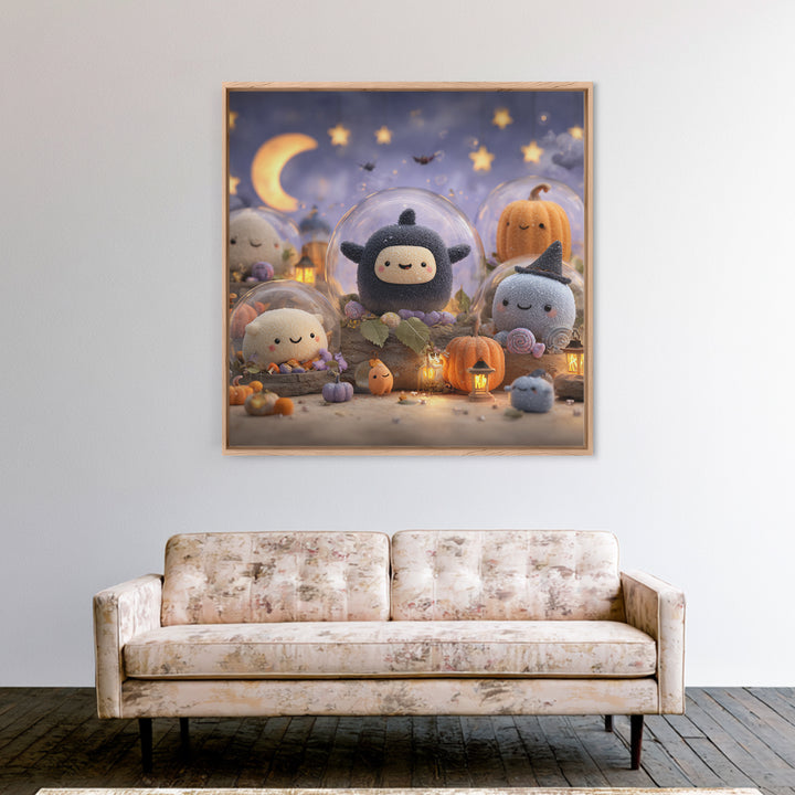 The Halloween Bubble Village, Plush Halloween Art, Square Wall Art, Canvas Print, Cute Halloween Wall Art
