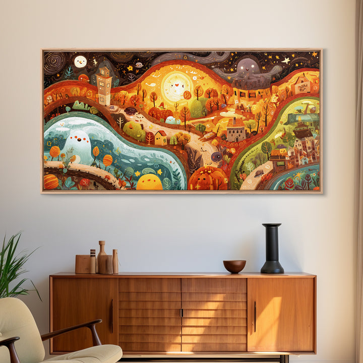 The World Inside A Lantern, Kawaii Halloween Art, Wide Panoramic Art, Framed Canvas Print, Cute Halloween Wall Art
