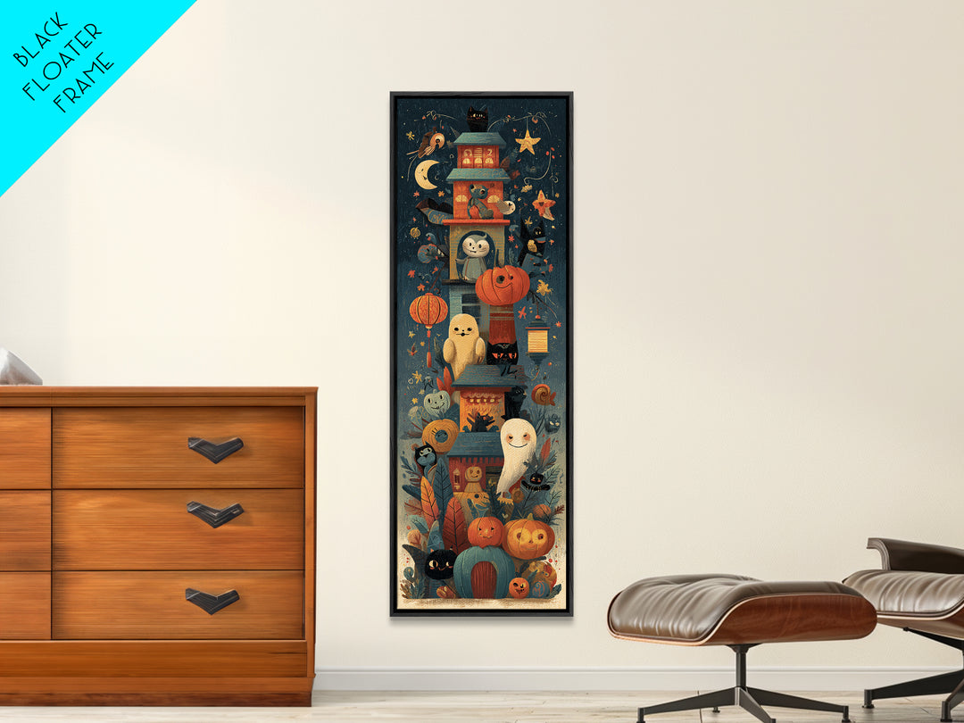 The Festival Of Friendly Frights, Screenprint Halloween Art, Tall Narrow Wall Art, Framed Canvas Print, Cute Halloween Wall Art