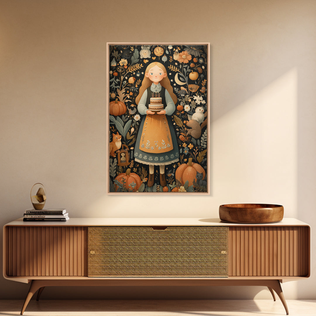 October'S Birthday Party, Folk Halloween Art, Vertical Wall Art, Canvas Print, Cute Halloween Wall Art