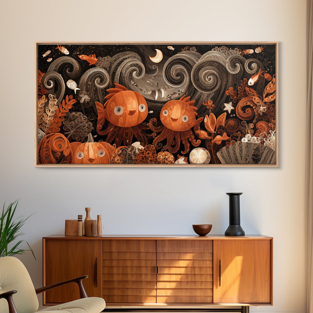 The Choir Of Deepwater Acolytes, Quilled Halloween Art, Wide Panoramic Art, Framed Canvas Print, Cute Halloween Wall Art