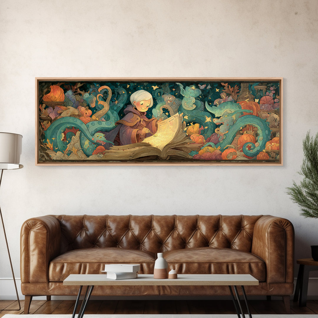 The Librarian Of Forbidden Tides, Stained Glass Halloween, Extra Wide Wall Art, Canvas Print, Cute Halloween Wall Art