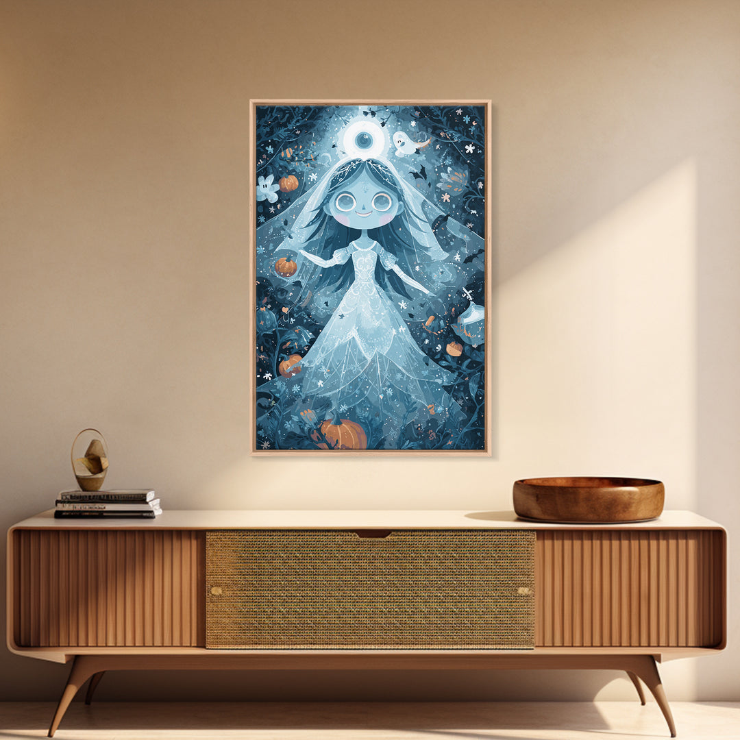 The Bride Of The Abyssal Moon, Pixel Halloween Art, Vertical Wall Art, Canvas Print, Cute Halloween Wall Art
