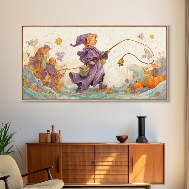 The Bellringer Of The Sunken Cathedral, Watercolor Halloween Art, Wide Panoramic Art, Framed Canvas Print, Cute Halloween Wall Art