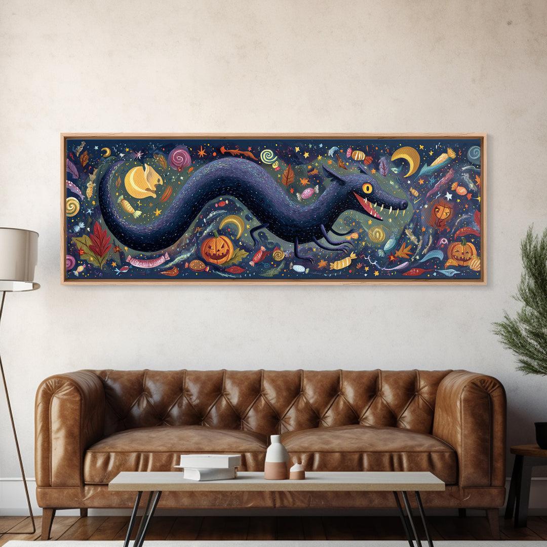 The Crawler Beneath The Floor Of Stars, Gouache Halloween Art, Extra Wide Wall Art, Canvas Print, Cute Halloween Wall Art