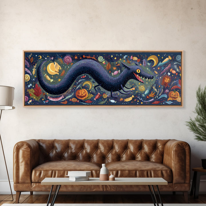 The Crawler Beneath The Floor Of Stars, Gouache Halloween Art, Extra Wide Wall Art, Canvas Print, Cute Halloween Wall Art