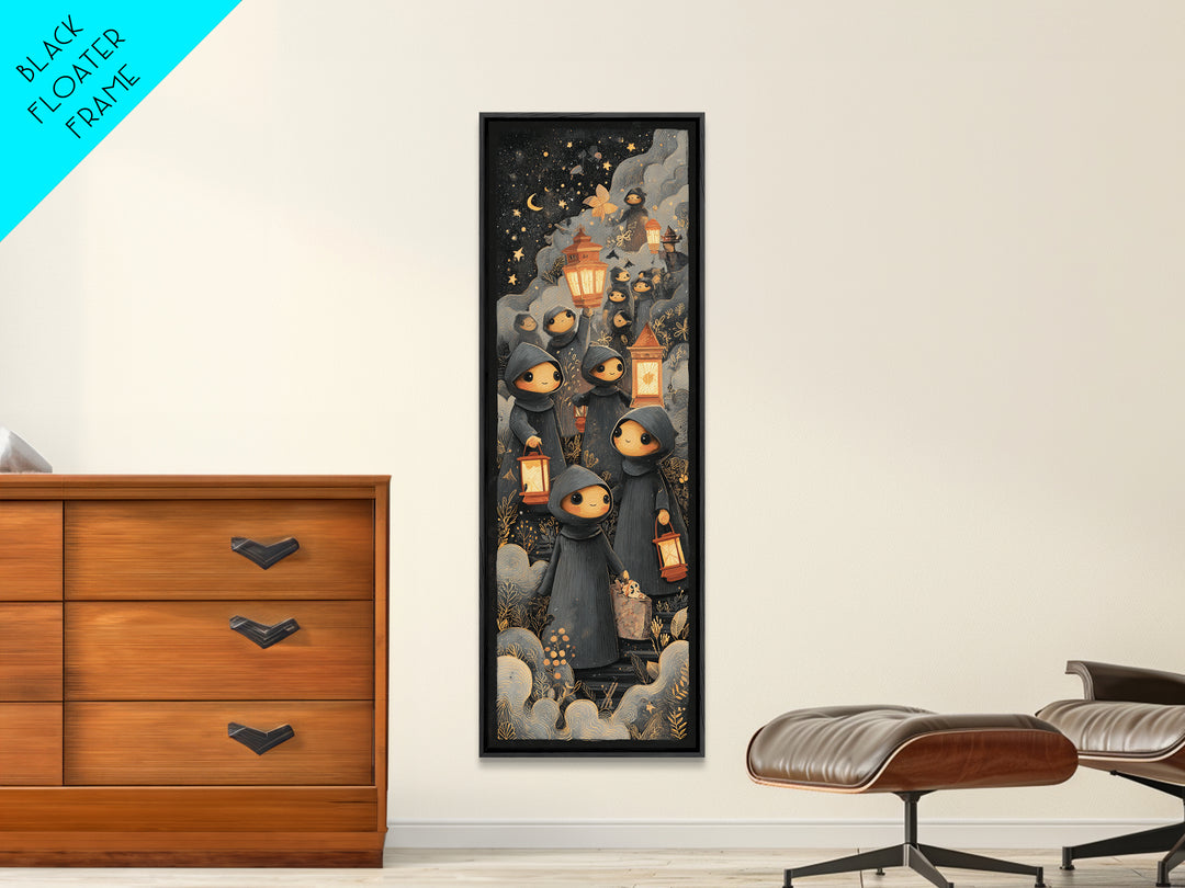 The Innsmouth Lantern Procession, Crayon Halloween Art, Tall Narrow Wall Art, Framed Canvas Print, Cute Halloween Wall Art