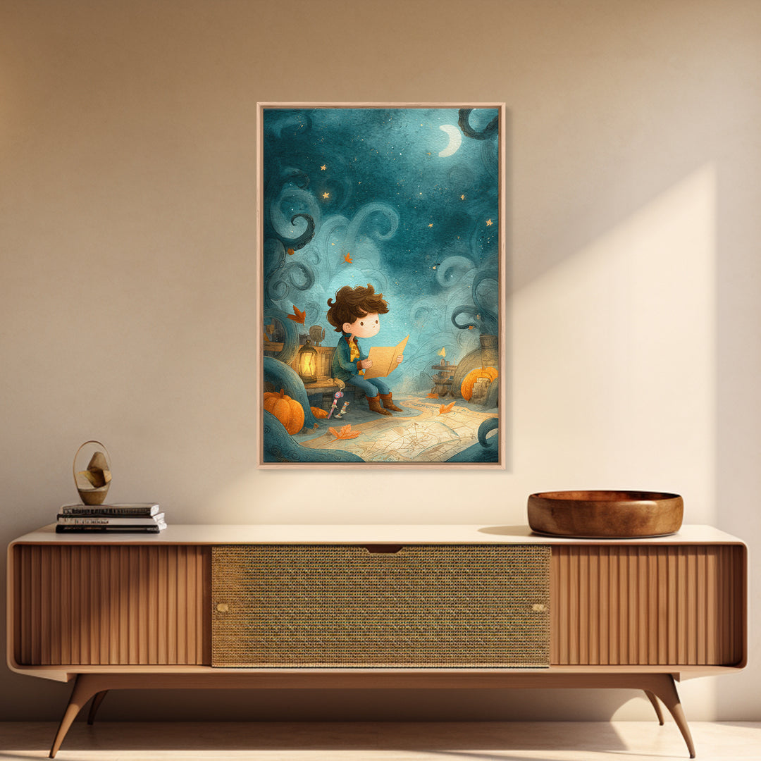 The Mapmaker Of Impossible Shores, Pastel Halloween Art, Vertical Wall Art, Canvas Print, Cute Halloween Wall Art