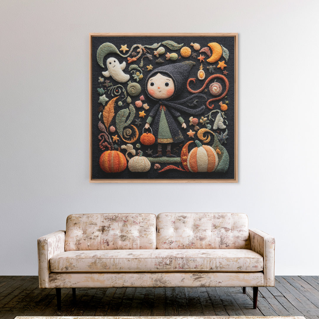 The Widow Of The Whispering Comet, Felt Halloween Art, Square Wall Art, Canvas Print, Cute Halloween Wall Art