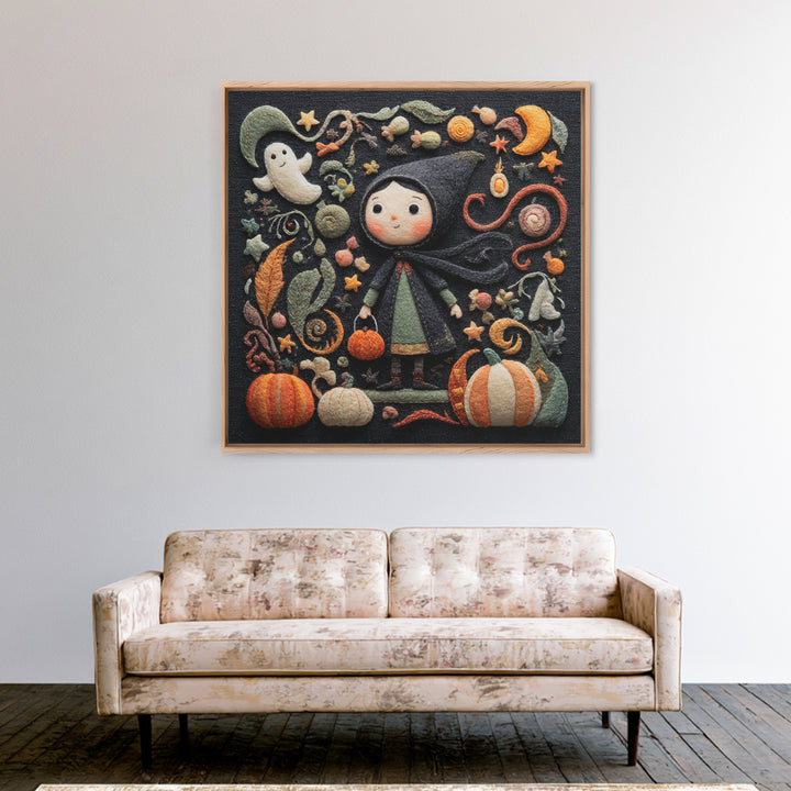 The Widow Of The Whispering Comet, Felt Halloween Art, Square Wall Art, Canvas Print, Cute Halloween Wall Art