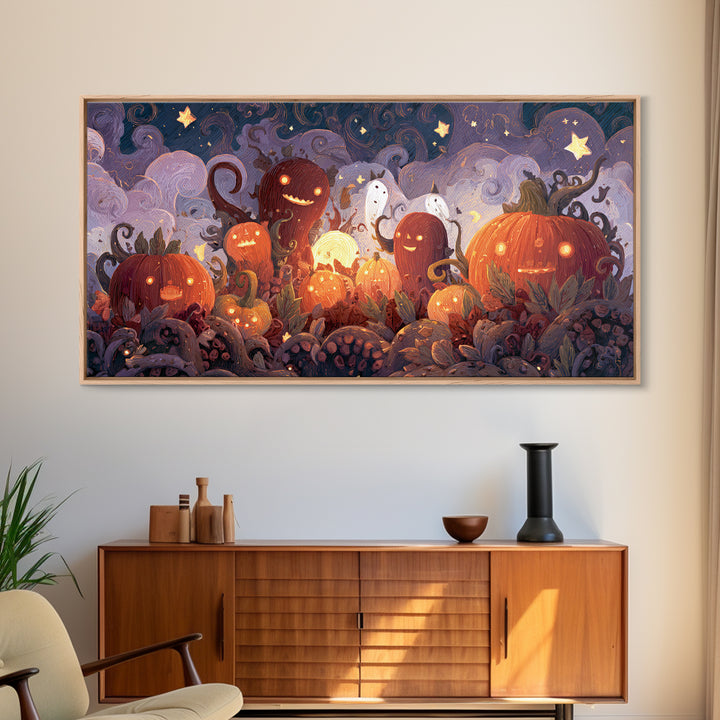 The Harvest Of The Eldritch Field, Clay Halloween Art, Wide Panoramic Art, Framed Canvas Print, Cute Halloween Wall Art