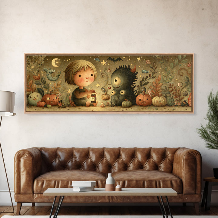 The Child Who Caught A Moon-Spawn, Plush Halloween Art, Extra Wide Wall Art, Canvas Print, Cute Halloween Wall Art