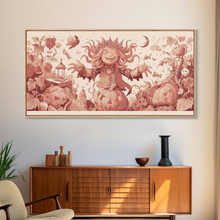 The Crown Of The Tentacled Saint, Linocut Halloween Art, Wide Panoramic Art, Framed Canvas Print, Cute Halloween Wall Art
