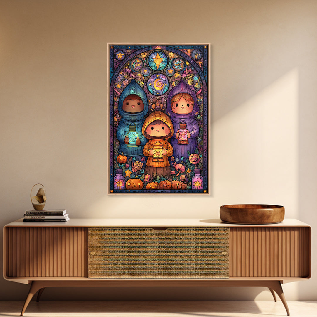 The Lantern Market Beyond The Veil, Stained Glass Halloween, Vertical Wall Art, Canvas Print, Cute Halloween Wall Art